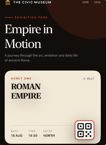 Real UI Board capture: the same museum-ticket screen rebuilt from source with the QR code back inside the ticket card