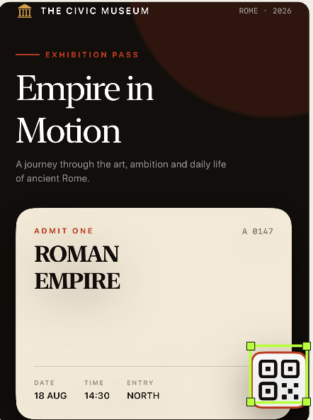 Real UI Board capture: a QR code element selected in a running museum-ticket demo app, selection handles visible