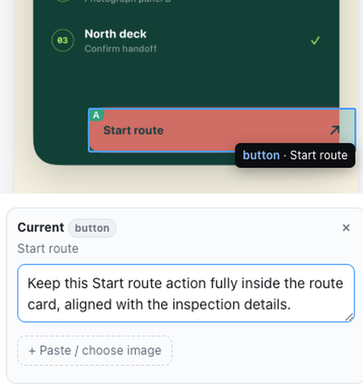 Real UI Board capture: a Start route button selected with the written intent attached to that exact element
